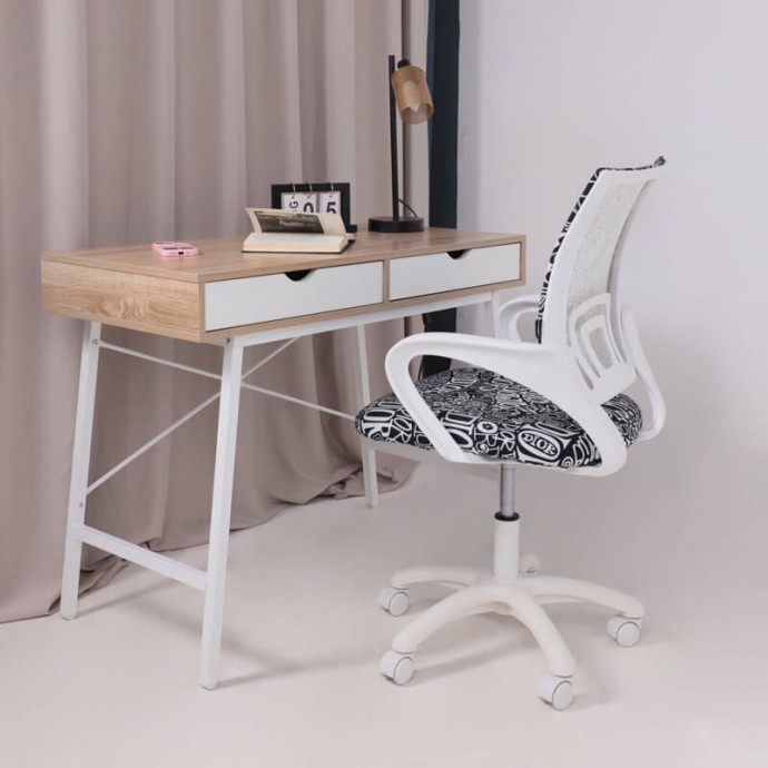 Кресло рабочее поворотное RICCI NEW white черно-белая ткань диор